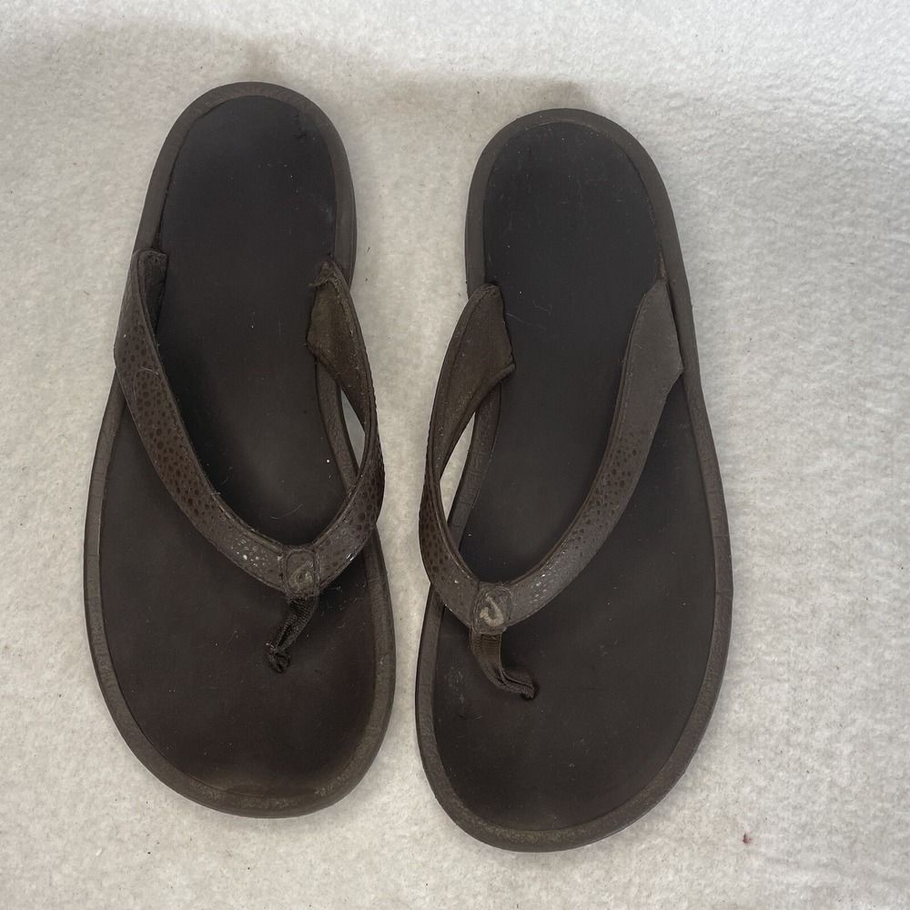 OluKai Pua Leather Flip Flop Bean Brown Sandals Womens Size 9
